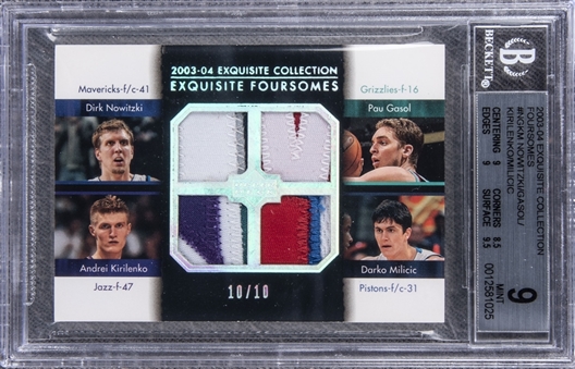 2003-04 UD "Exquisite Collection" Exquisite Foursomes #NGKM Nowitzki/Gasol/Kirilenko/Milicic Game Used Patch Card (#10/10) - BGS MINT 9